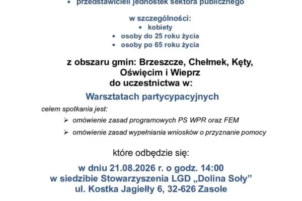 Warsztaty o dofinansowaniu w Dolinie Soły – 21 sierpnia w Zasolu