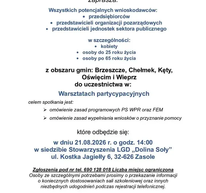 Warsztaty o dofinansowaniu w Dolinie Soły – 21 sierpnia w Zasolu