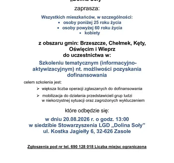 Bezpłatne szkolenie dla mieszkańców Doliny – zapisy trwają