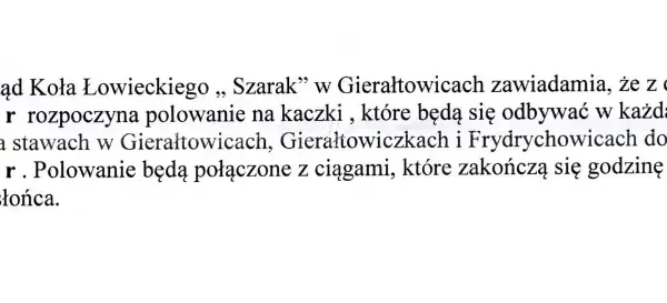 Obwieszczenie Wójta Gminy Osiek w sprawie polowań zbiorowych Koła Łowieckiego „SZARAK”