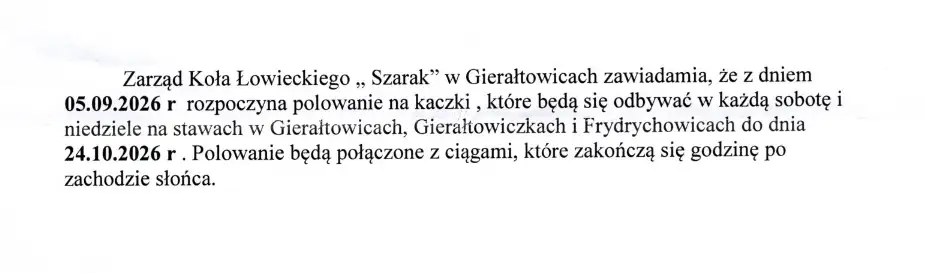 Obwieszczenie Wójta Gminy Osiek w sprawie polowań zbiorowych Koła Łowieckiego „SZARAK”