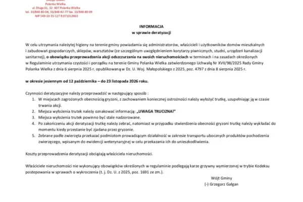 Gmina Polanka Wielka: obowiązkowa deratyzacja od 12 października do 23 listopada 2026 roku
